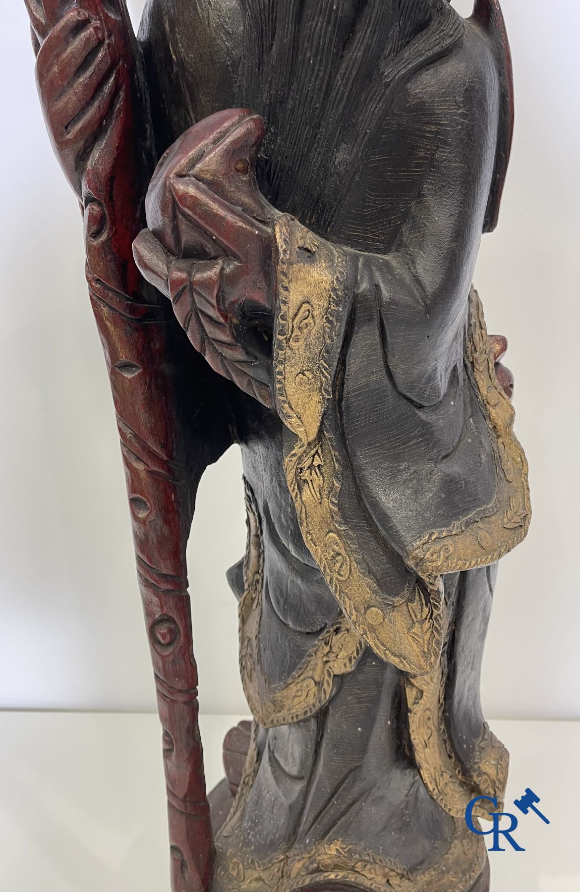 Asian Art: A lot of 6 Chinese wooden pedestals and a large wood-carved Chinese sage.