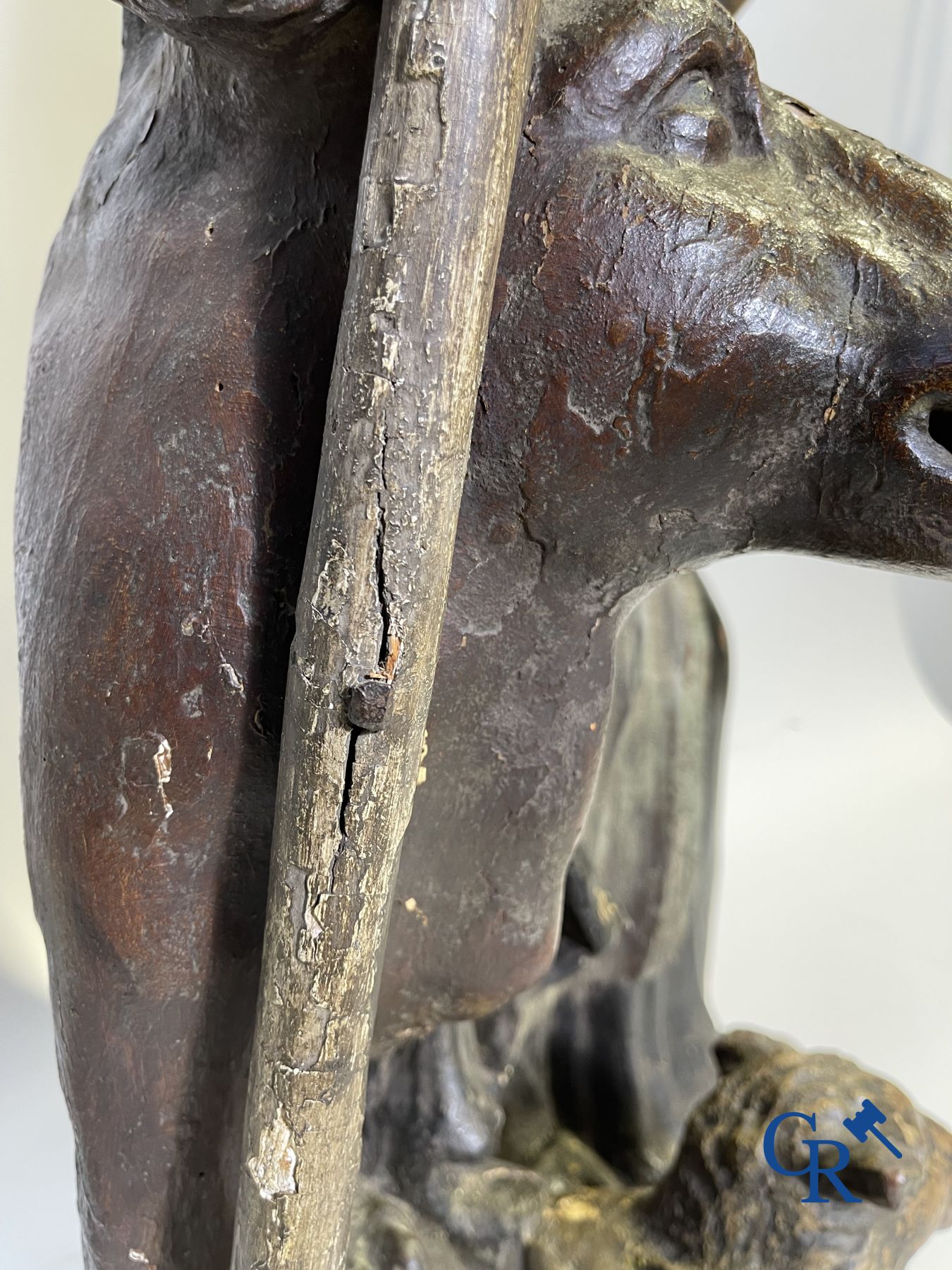 Imposing 17th century polychrome wooden statue of a Saint accompanied by a cow, a pig and a sheep.