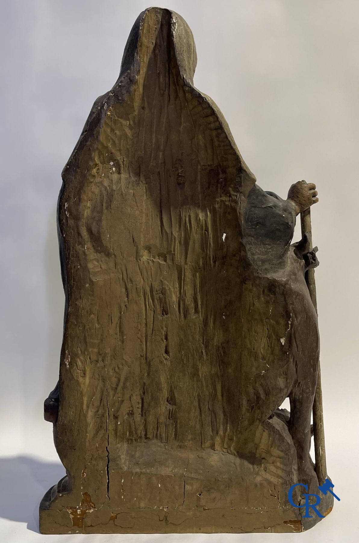 Imposing 17th century polychrome wooden statue of a Saint accompanied by a cow, a pig and a sheep.