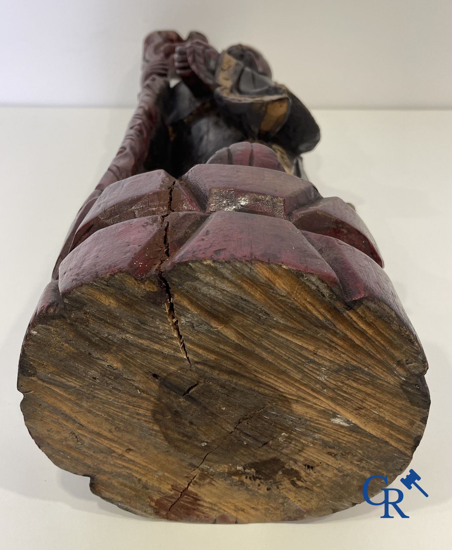 Asian Art: A lot of 6 Chinese wooden pedestals and a large wood-carved Chinese sage.