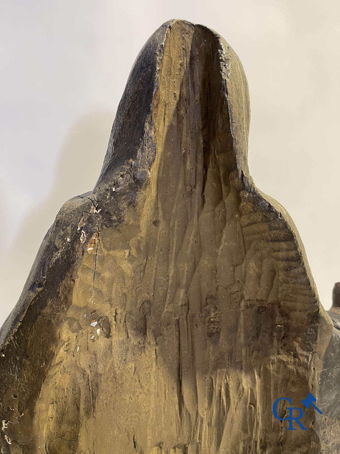 Imposing 17th century polychrome wooden statue of a Saint accompanied by a cow, a pig and a sheep.