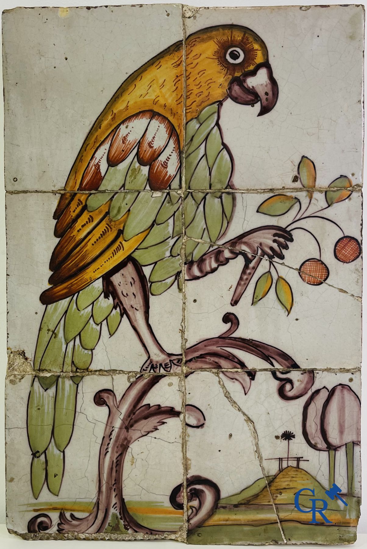 A polychrome tile panel with a parrot. Probably northern France. (Lille) 18th century.