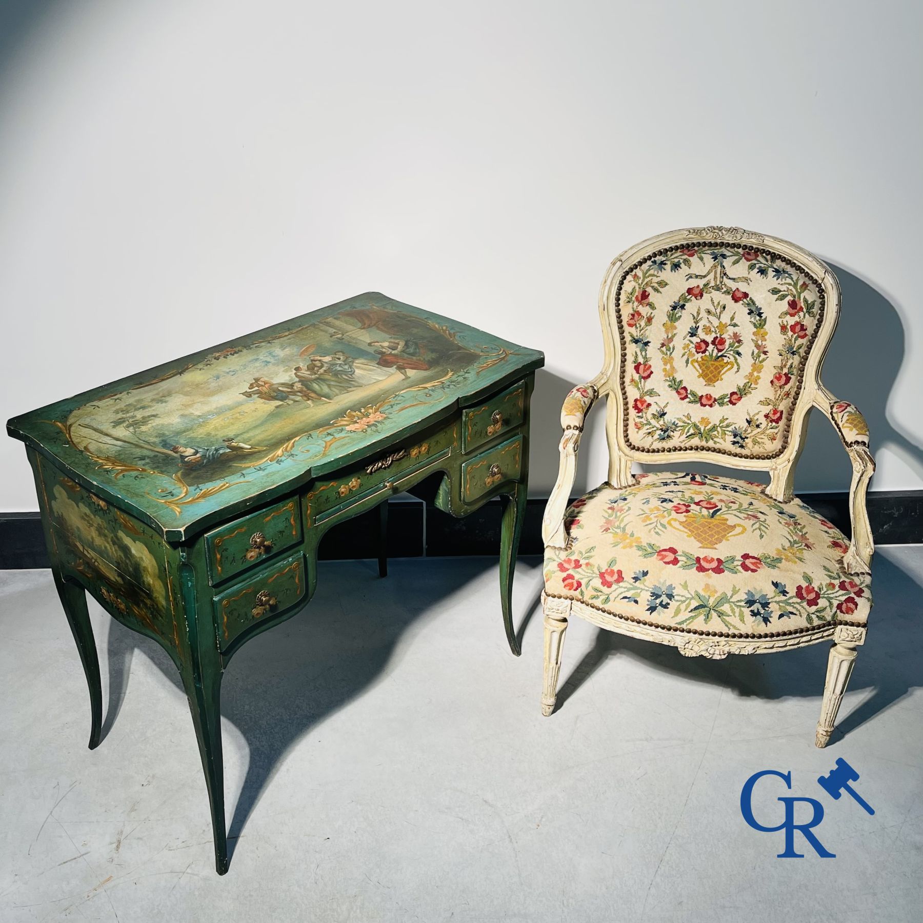 Ladies dressing table with gallant paintings, and a lacquered armchair transitional period Louis XV - Louis XVI.