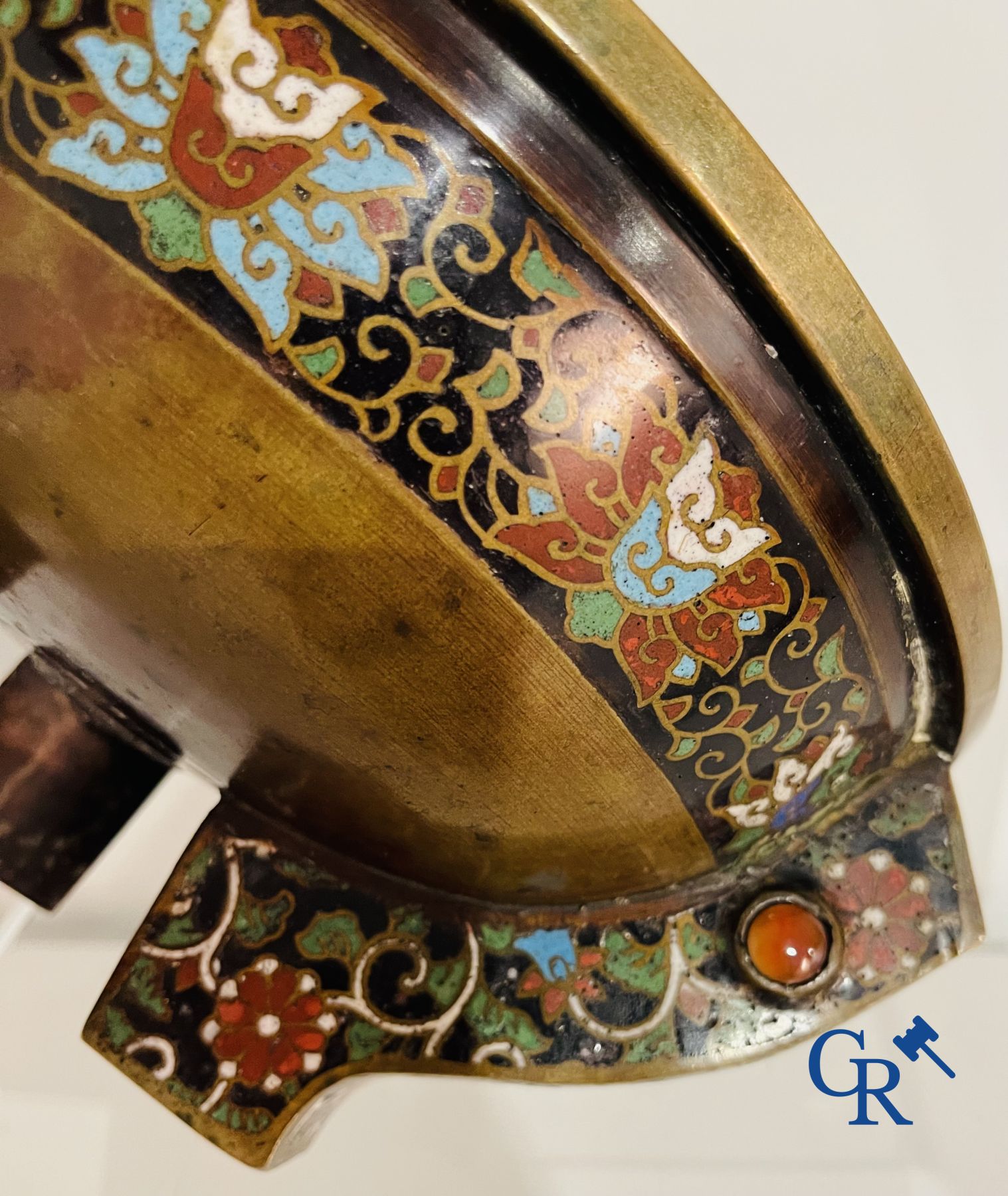 Asian Art: A three-legged bronze and cloisonne incense burner. Marked.