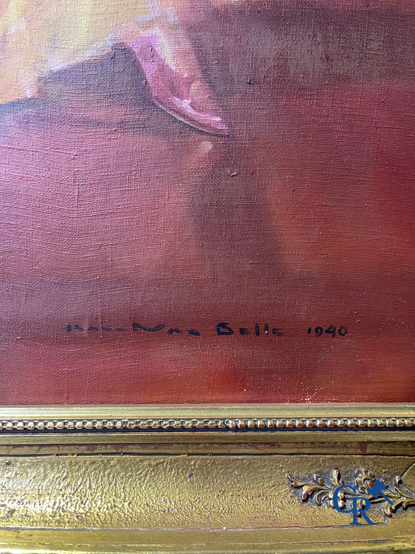 Karel Van Belle : Femme élégante avec lévrier. Huile sur toile.