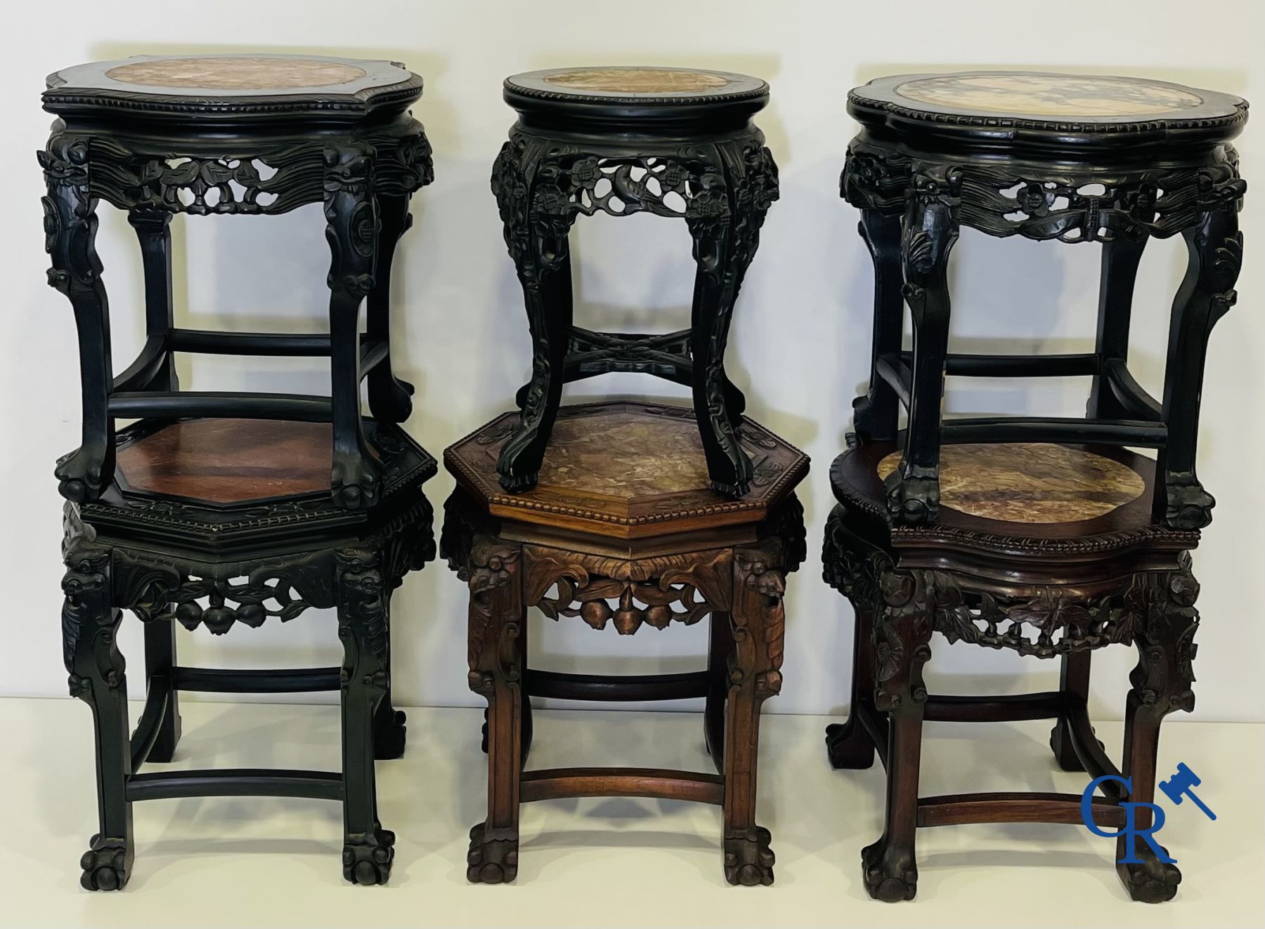 Asian Art: A lot of 6 Chinese wooden pedestals and a large wood-carved Chinese sage.