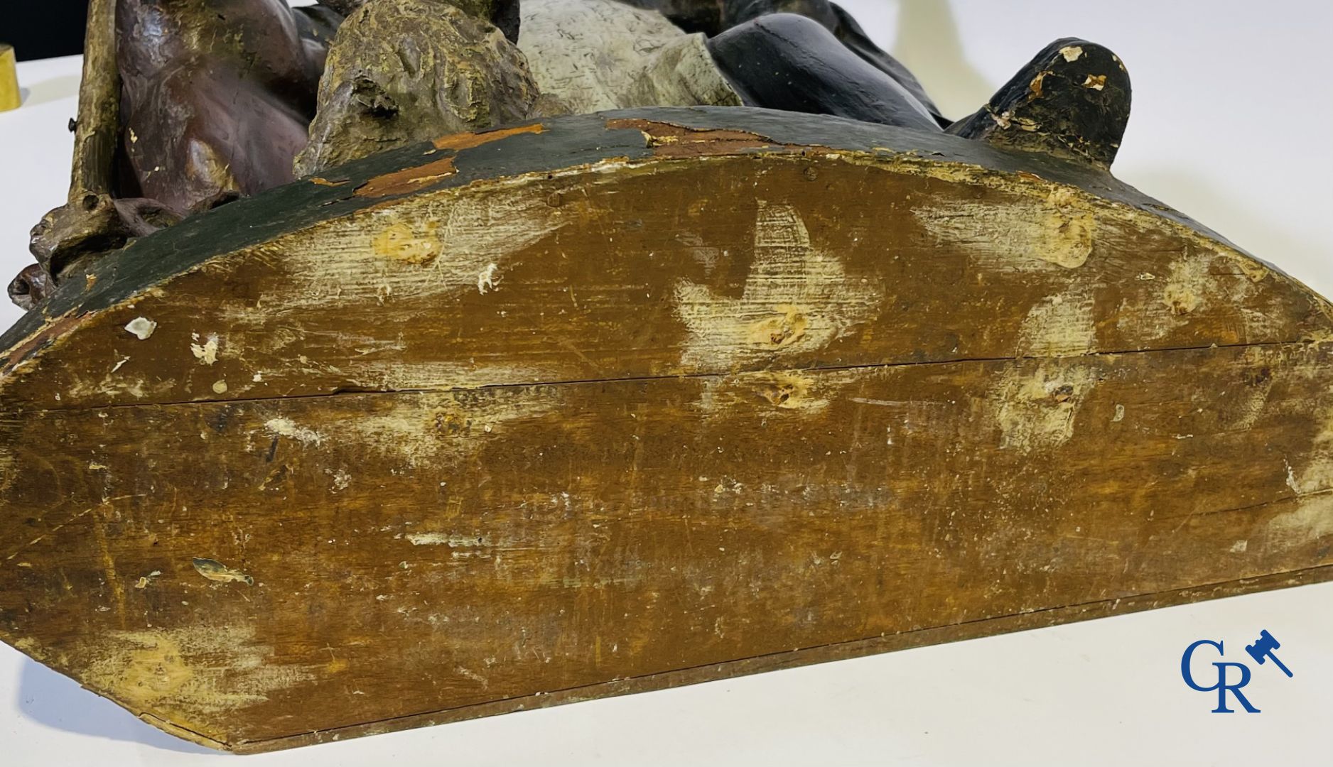 Imposing 17th century polychrome wooden statue of a Saint accompanied by a cow, a pig and a sheep.