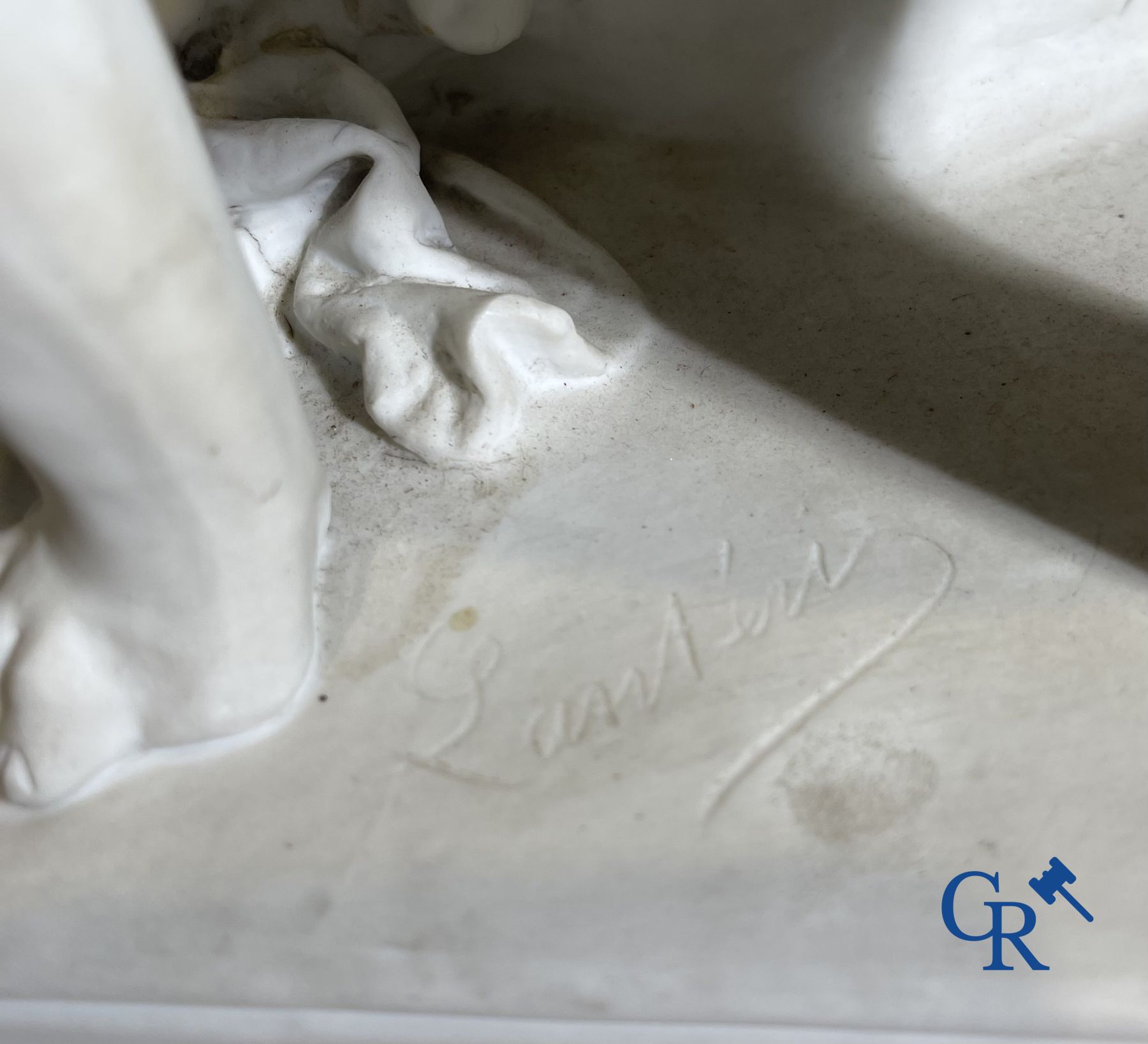 Edouard Lantéri  (1848-1917)  "Duo" Imposing statue in white biscuit in Neoclassical style on a matching pedestal.