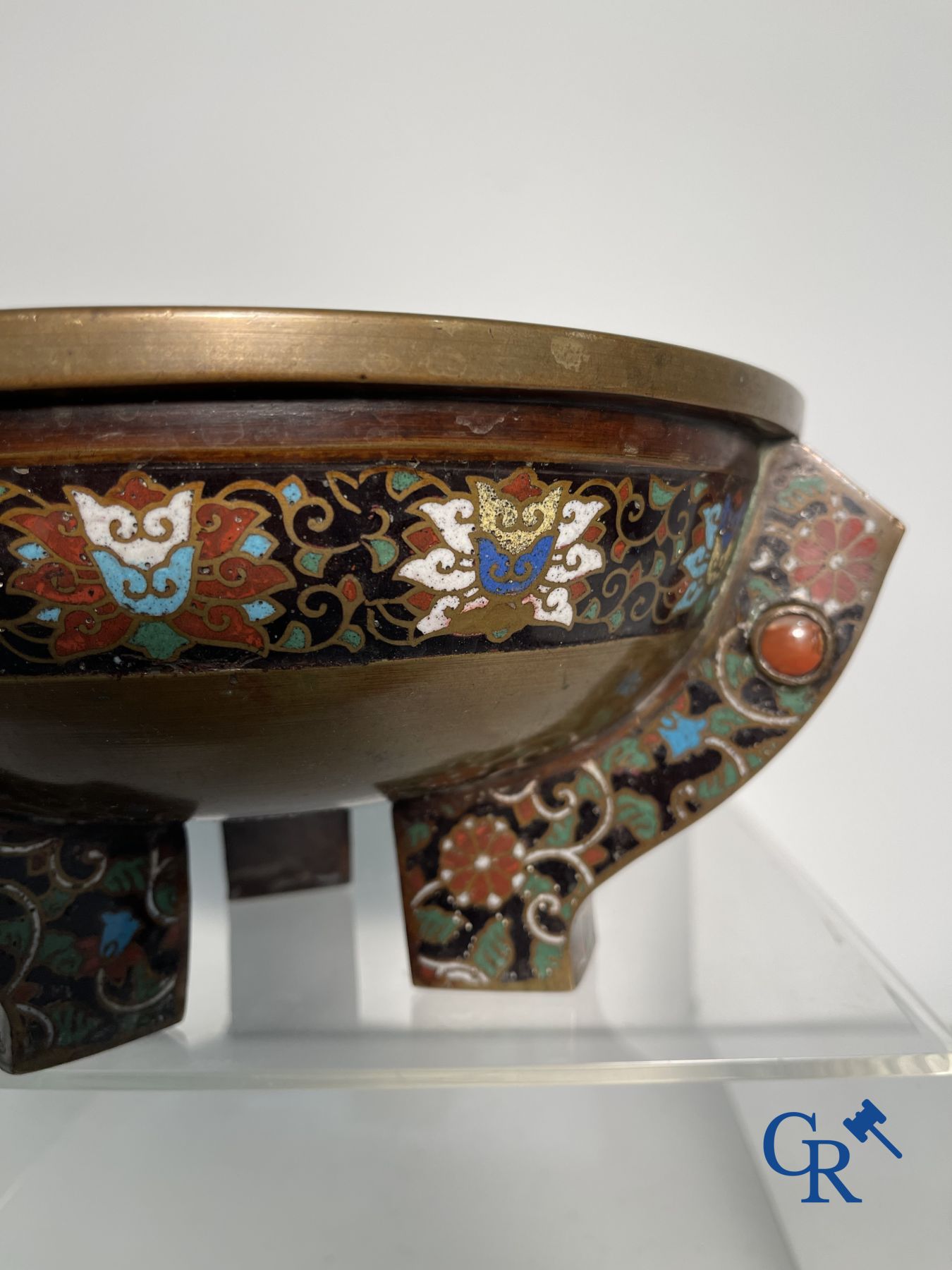 Asian Art: A three-legged bronze and cloisonne incense burner. Marked.