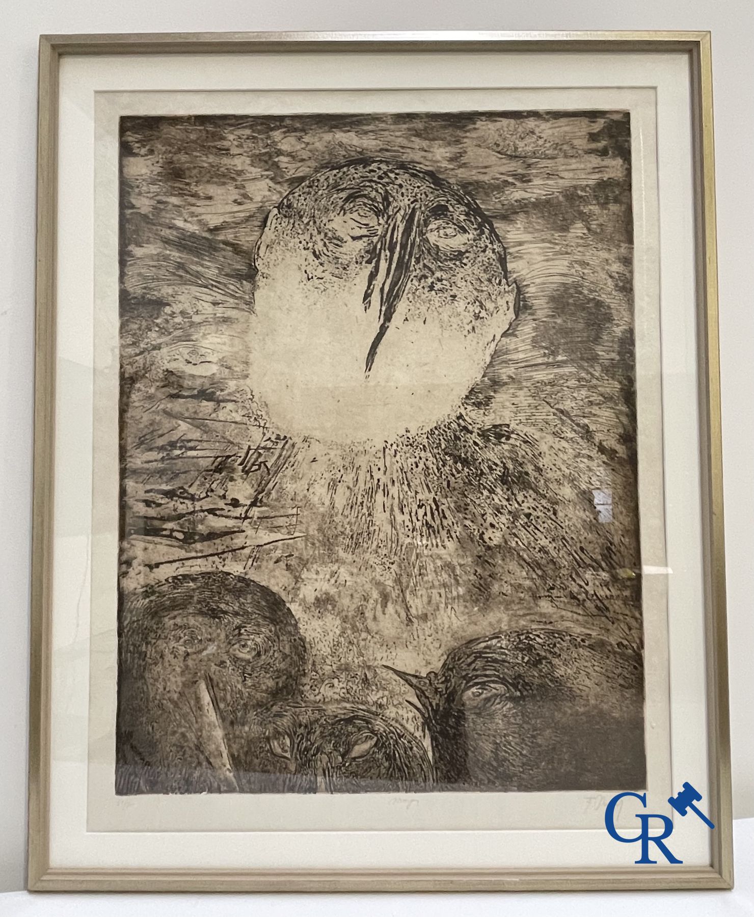 A lot of 2 églomisé paintings, a work by Anto Diez and an illegibly signed work.