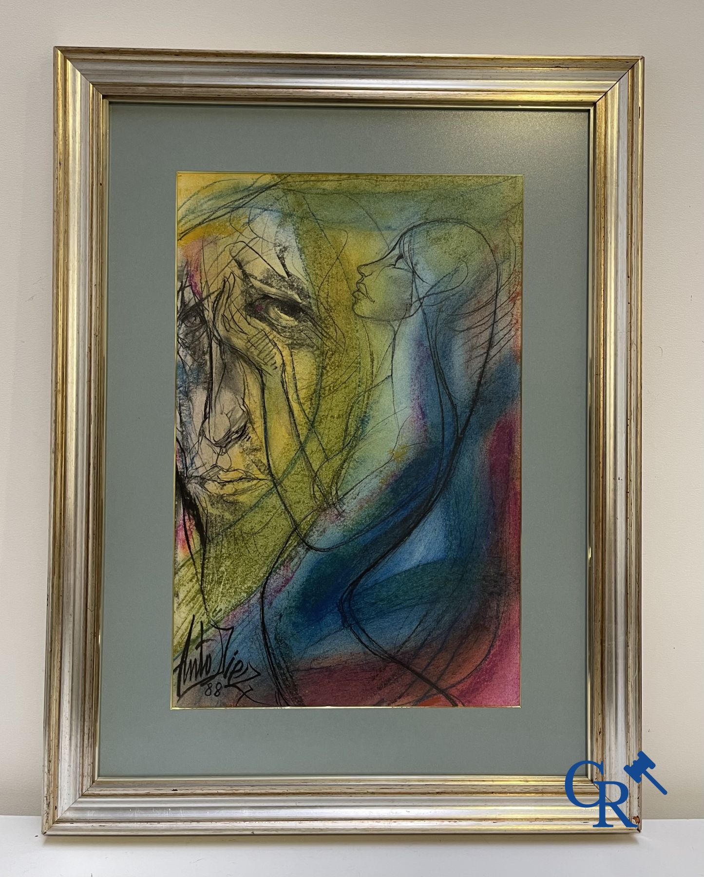 A lot of 2 églomisé paintings, a work by Anto Diez and an illegibly signed work.